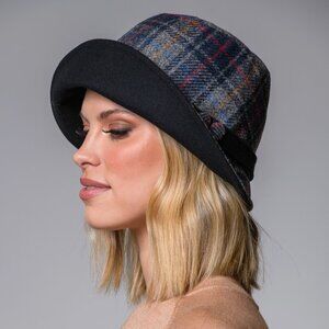 New Women's Wool Brimmed Hat Gray Navy Check (Made in Ireland)